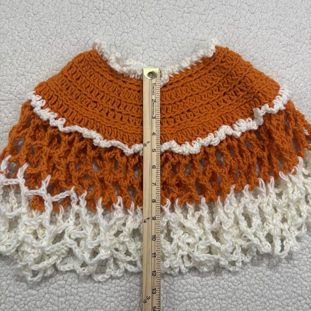 Vintage Handmade Girls Poncho Crochet Open Knit Kids Orange White Boho 70s 80s - Picture 4 of 4